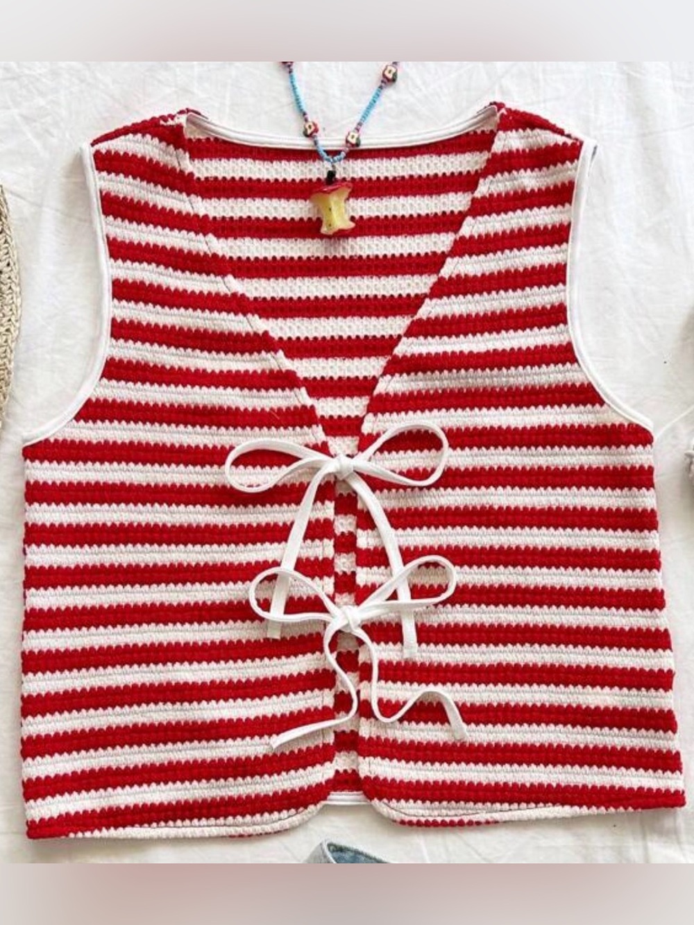 Striped Red & White Tie-Back Crochet Crop Top
